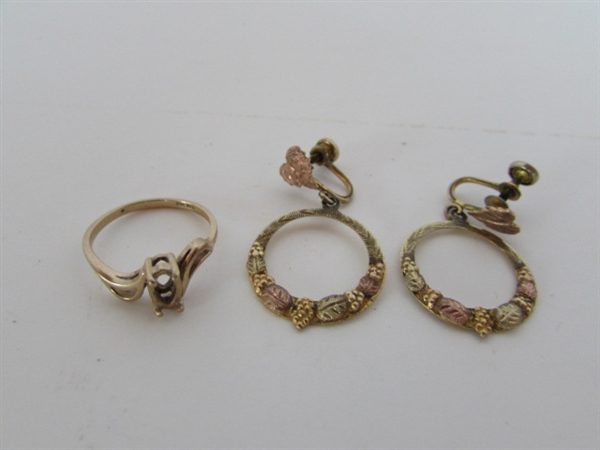 BLACK HILLS GOLD CLIP ON EARRINGS AND 10K RING (NO GEM)