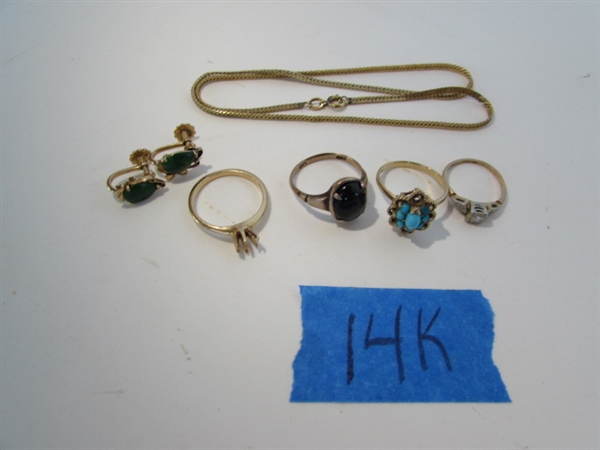 14K RINGS, SCREW BACK EARRINGS AND NECKLACE