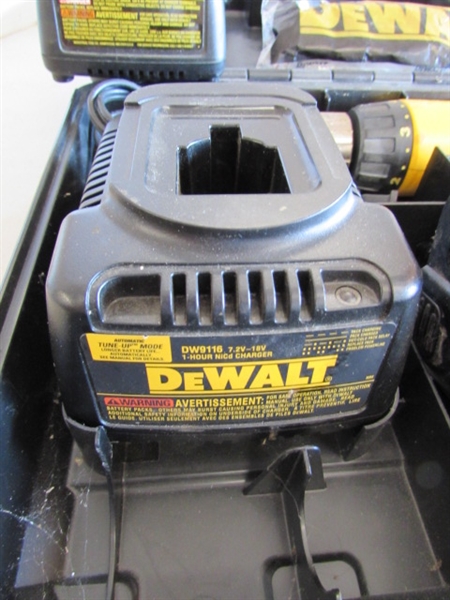 DEWALT CORDLESS DRILL, 2 CHARGERS AND 2 BATTERIES