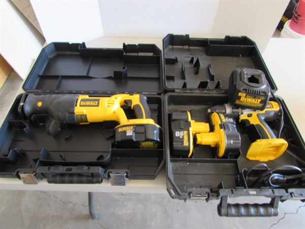 DEWALT 18V VARIABLE SPEED RECIPROCATING CORDLESS SAW, DRILL, BATTERIES AND CHARGER