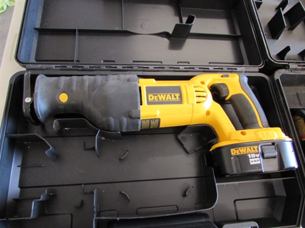 DEWALT 18V VARIABLE SPEED RECIPROCATING CORDLESS SAW, DRILL, BATTERIES AND CHARGER