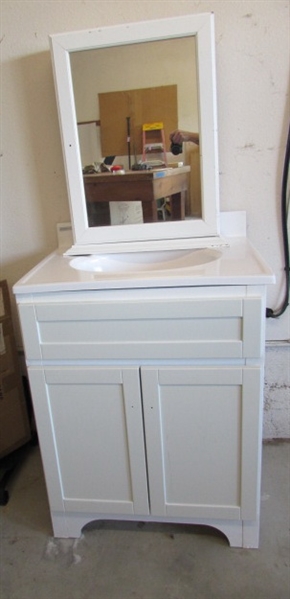 WHITE VANITY, SINK AND MIRROR CABINET
