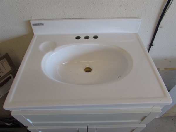 WHITE VANITY, SINK AND MIRROR CABINET
