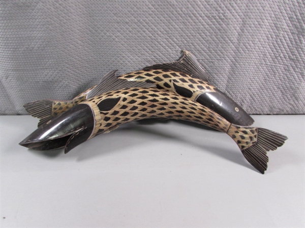 PAIR OF CARVED HORN FISH