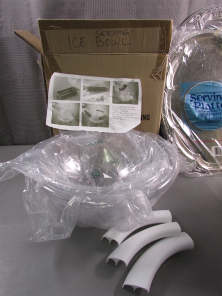 NEW ICE SERVING BOWL, CAKE KEEPER, PLATTERS & TUPPERWARE