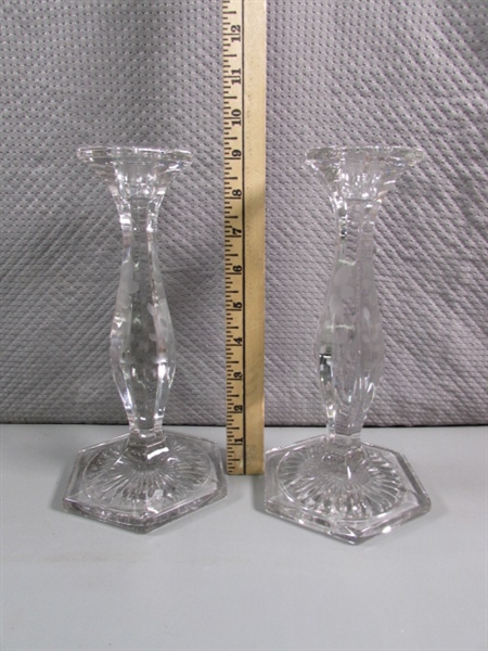 ASSORTED SERVING PIECES, BARWARE & CANDLE STICKS