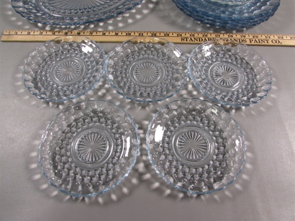 CLEAR, BLUE AND BLUE & WHITE DISHES