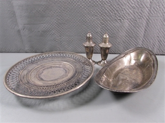 STERLING SILVER WEIGHTED SALT & PEPPER SHAKERS & STERLING SERVING PIECES