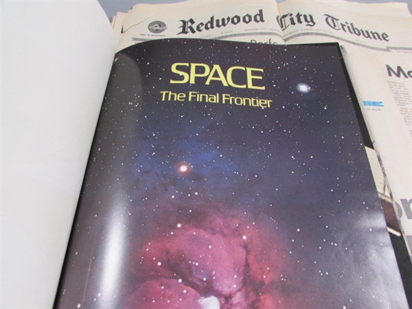 FIRST MAN ON MOON NEWSPAPERS, MUG & SPACE BOOK
