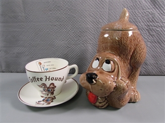 VINTAGE "PUPPY" COOKIE JAR & "COFFEE HOUND" OVERSIZED CUP & SAUCER