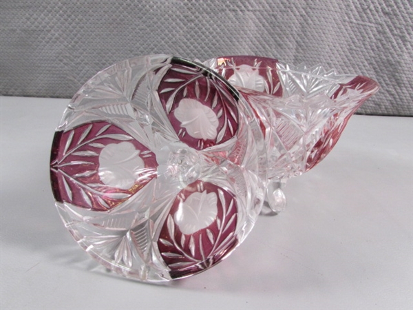 VINTAGE CLEAR/CRANBERRY SERVING BOWL & COVERED CANDY DISH