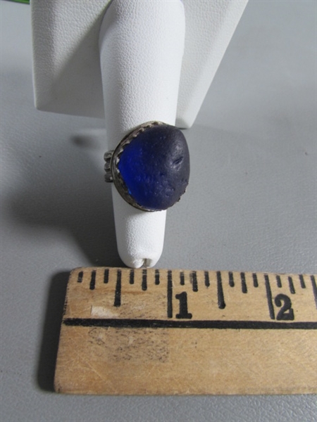 ARTIST MADE STERLING SILVER & COBALT SEA GLASS RING - UNMARKED