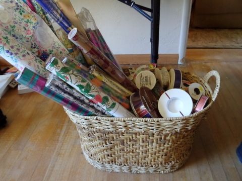  LARGE BASKET FULL OF WRAPPING PAPER, FOILS AND RIBBONS