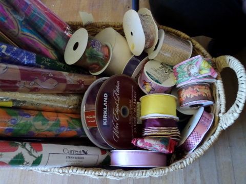  LARGE BASKET FULL OF WRAPPING PAPER, FOILS AND RIBBONS