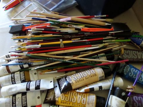 VARIETY OF ACRYLIC PAINTS, BRUSHES, PAINT PALLETS AND DID i MENTION BRUSHES?