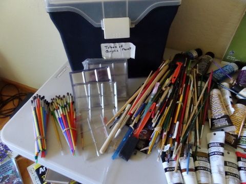 VARIETY OF ACRYLIC PAINTS, BRUSHES, PAINT PALLETS AND DID i MENTION BRUSHES?