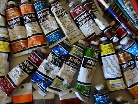 VARIETY OF ACRYLIC PAINTS, BRUSHES, PAINT PALLETS AND DID i MENTION BRUSHES?