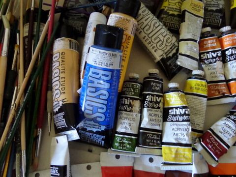 VARIETY OF ACRYLIC PAINTS, BRUSHES, PAINT PALLETS AND DID i MENTION BRUSHES?