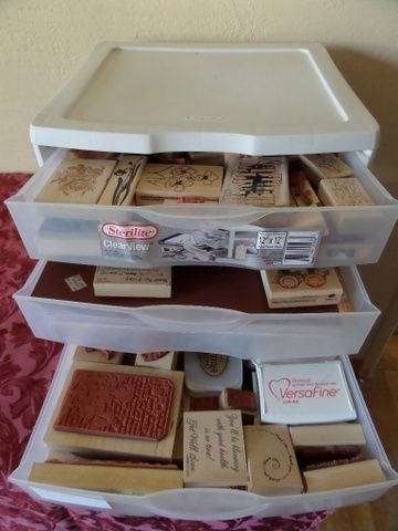 SCRAPBOOKING SUPPLIES  3 DRAWER BIN WITH STAMPS, INK PADS, 12 X12 PAPER / CARD STOCK