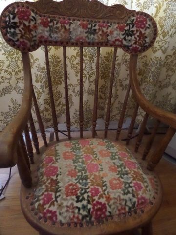 ANTIQUE OAK ROCKER CHAIR WITH UPHOLSTERED SEAT AND BACK. NEEDLE POINT FOOT STOOL,  LARGE RAG DOLL