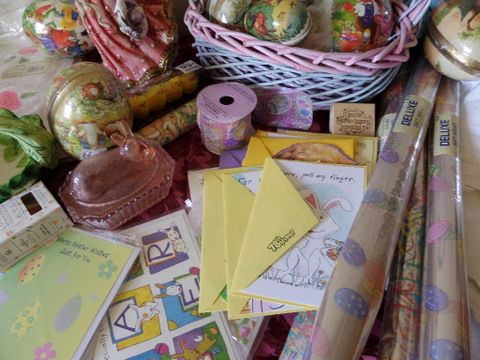 BEAUTIFUL EASTER LOT, CERAMIC BUNNIES, DECORATIVE EGGS, PLACEMATS WITH PINK ROSES, TABLE CLOTH PLUS MORE