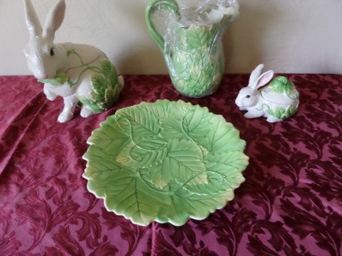 BRIGHT AND PRETTY PITCHER, PLATTER, BUNNY COOKIE JAR AND CANDY JAR