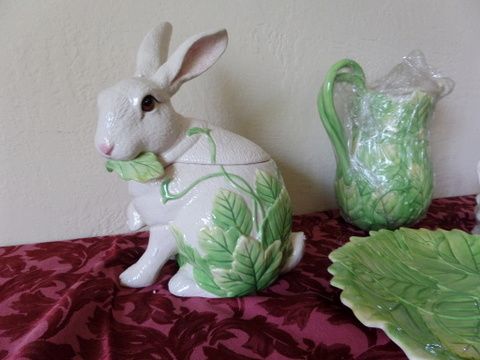 BRIGHT AND PRETTY PITCHER, PLATTER, BUNNY COOKIE JAR AND CANDY JAR