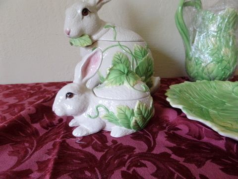 BRIGHT AND PRETTY PITCHER, PLATTER, BUNNY COOKIE JAR AND CANDY JAR