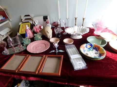 VARIETY LOT, CRYSTAL, BRASS CANDLESTICK HOLDERS, COLLECTIBLE ROYAL DALTON PRETTY LADIES, PICTURE FRAMES AND MORE