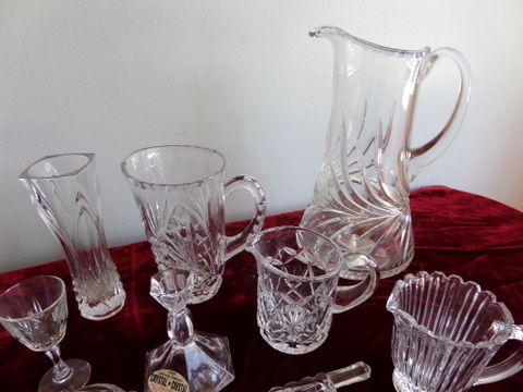 NICE CRYSTAL AND GLASS ITEMS HEART DISHES AND PRETTY PITCHERS, BELL