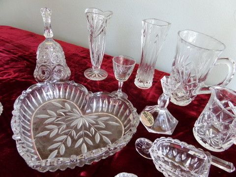 NICE CRYSTAL AND GLASS ITEMS HEART DISHES AND PRETTY PITCHERS, BELL