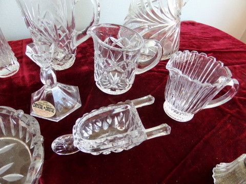 NICE CRYSTAL AND GLASS ITEMS HEART DISHES AND PRETTY PITCHERS, BELL