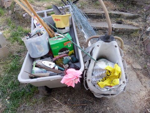 GARDENING SUPPLIES, LARGE BOX OF MIRACLE GROW, GARDENING CART AND TOTE, HAND TOOLS, TIMERS, AND MORE