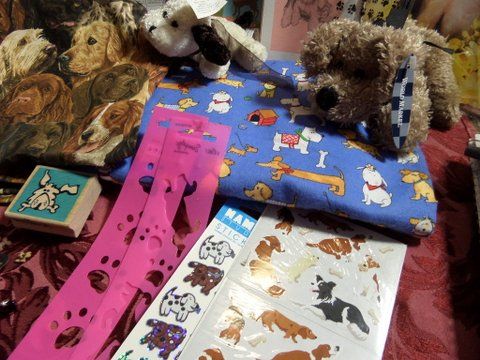 GOING TO THE DOGS!!!  FABRICS, BUTTONS, PAPERS, VASE AND PLUSH TOYS AND STAMPS