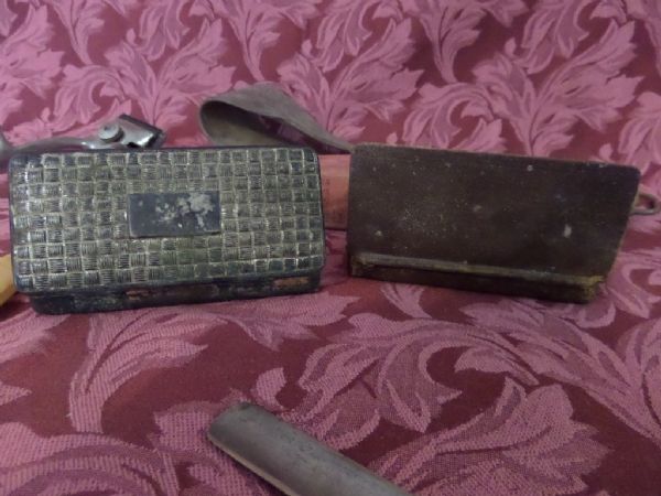 VINTAGE MEN'S SHAVING KITS, STRAIGHT RAZORS AND LEATHER STROP