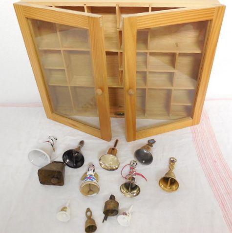 KNICK KNACK WALL CABINET WITH COLLECTIBLE BELLS
