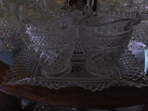 VINTAGE FINE CRYSTAL & CUT GLASS DIAMOND PATTERN TALL STEMMED GLASSES, CAKE PLATTER SERVING DISHES & MORE