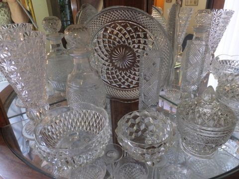 VINTAGE FINE CRYSTAL & CUT GLASS DIAMOND PATTERN TALL STEMMED GLASSES, CAKE PLATTER SERVING DISHES & MORE