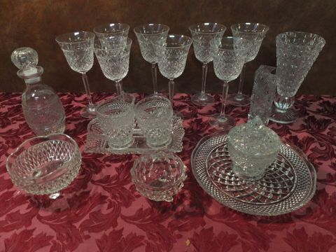 VINTAGE FINE CRYSTAL & CUT GLASS DIAMOND PATTERN TALL STEMMED GLASSES, CAKE PLATTER SERVING DISHES & MORE