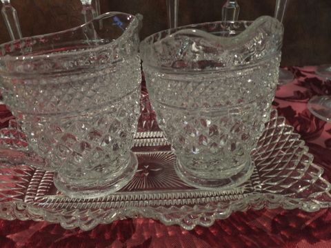 VINTAGE FINE CRYSTAL & CUT GLASS DIAMOND PATTERN TALL STEMMED GLASSES, CAKE PLATTER SERVING DISHES & MORE