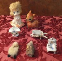 VINTAGE MINIATURE CERAMIC FIGURINES AND REAL FUR MOUSE AND POODLE