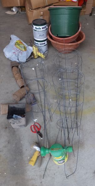 GARDEN LOT -HOMELITE WEED WACKER, TOMATO CAGES, SEED STARTER PLUGS & POTS, POWER HEDGER & MORE