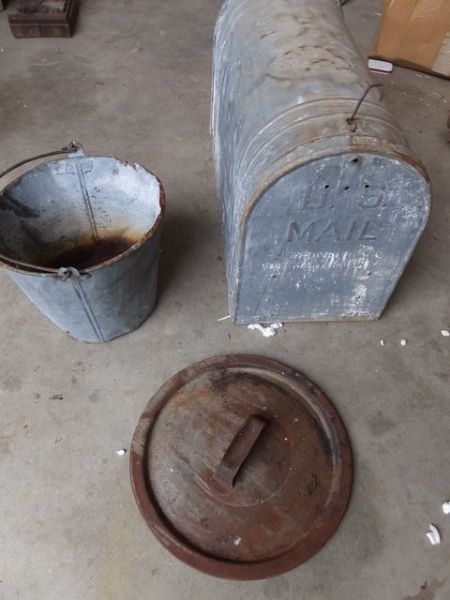 VINTAGE GALVANIZED LARGE MAIL BOX,  2 BUCKETS, A LID AND AN OLD LADLE!