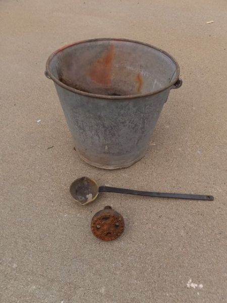 VINTAGE GALVANIZED LARGE MAIL BOX,  2 BUCKETS, A LID AND AN OLD LADLE!