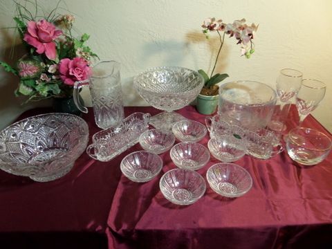 CUT GLASS AND AND CRYSTAL, PITCHER, NAPKIN HOLDER, SERVING BOWLS