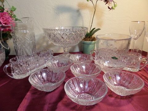 CUT GLASS AND AND CRYSTAL, PITCHER, NAPKIN HOLDER, SERVING BOWLS