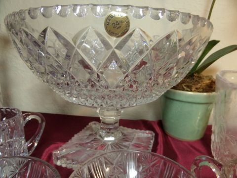 CUT GLASS AND AND CRYSTAL, PITCHER, NAPKIN HOLDER, SERVING BOWLS