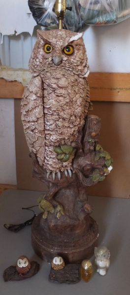 VERY TALL CERAMIC  OWL LAMP, SMALL OWL FIGURINES, & SMALL OWL LIGHT