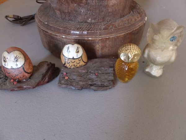 VERY TALL CERAMIC  OWL LAMP, SMALL OWL FIGURINES, & SMALL OWL LIGHT