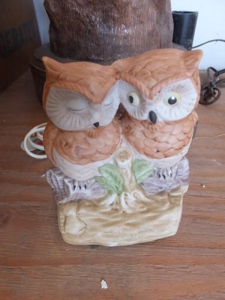 VERY TALL CERAMIC  OWL LAMP, SMALL OWL FIGURINES, & SMALL OWL LIGHT